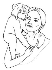 Chimpans på kvinnans axel
