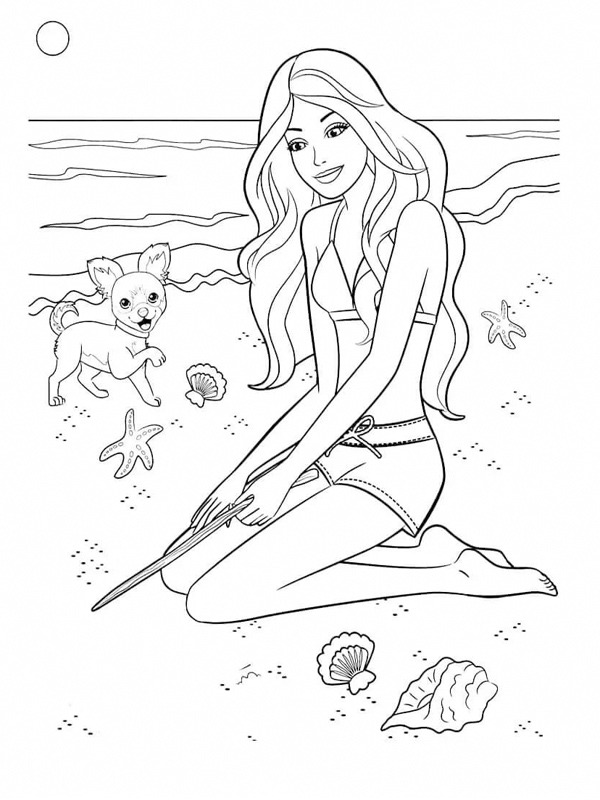 Målarbild Barbie på stranden | roligamalarbilder.se