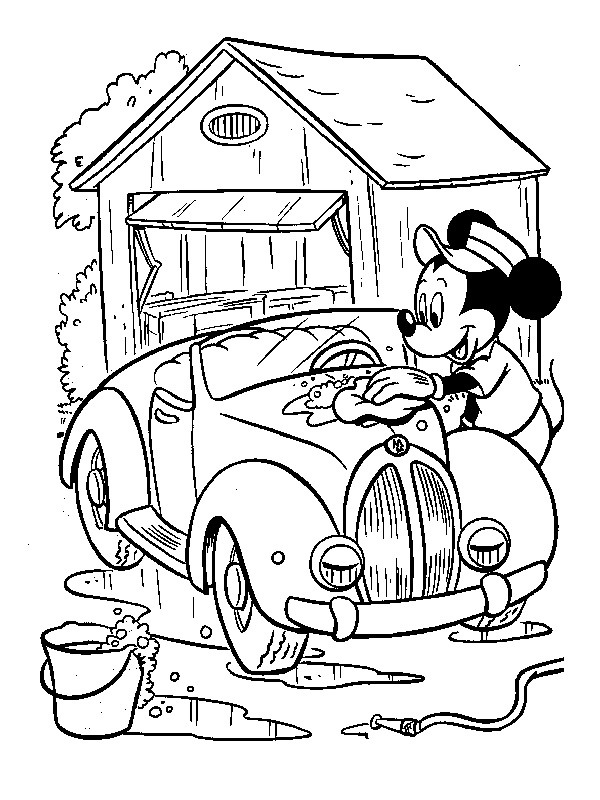 Musse Pigg rengör en bil Målarbild