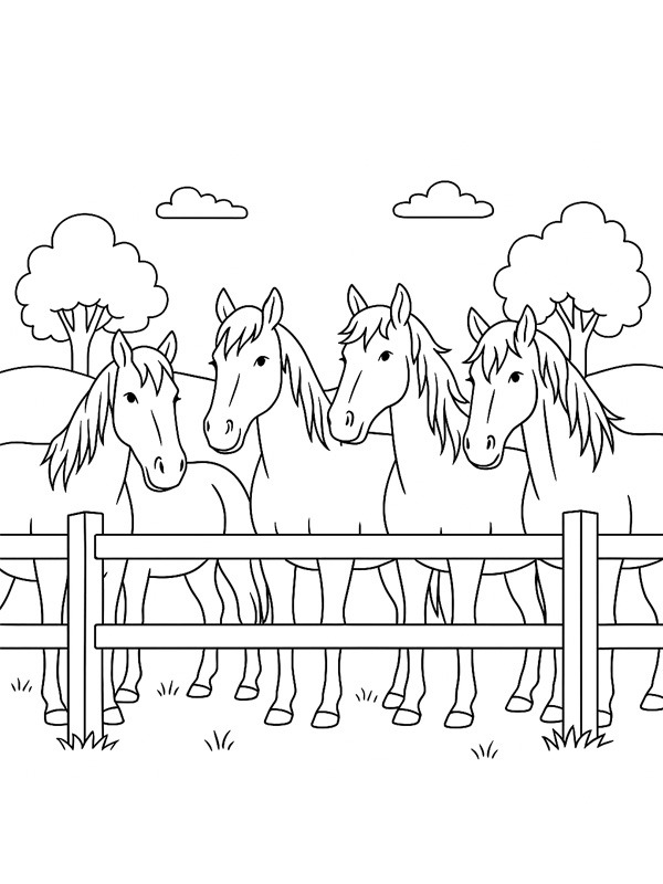 Hästflock bakom staket Målarbild Hästflock bakom staket Målarbild