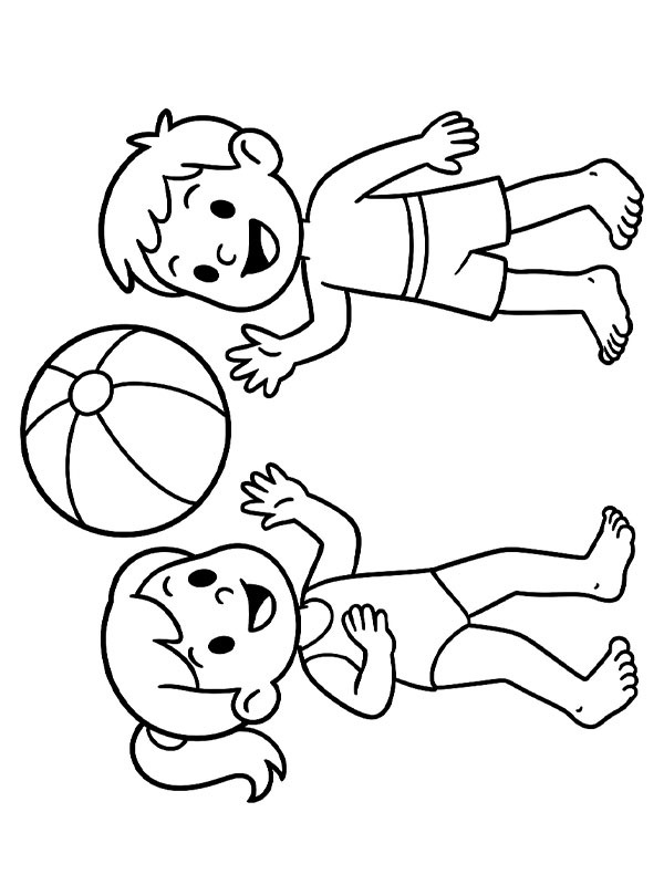 Två barn leker med en strandboll Målarbild Två barn leker med en strandboll Målarbild